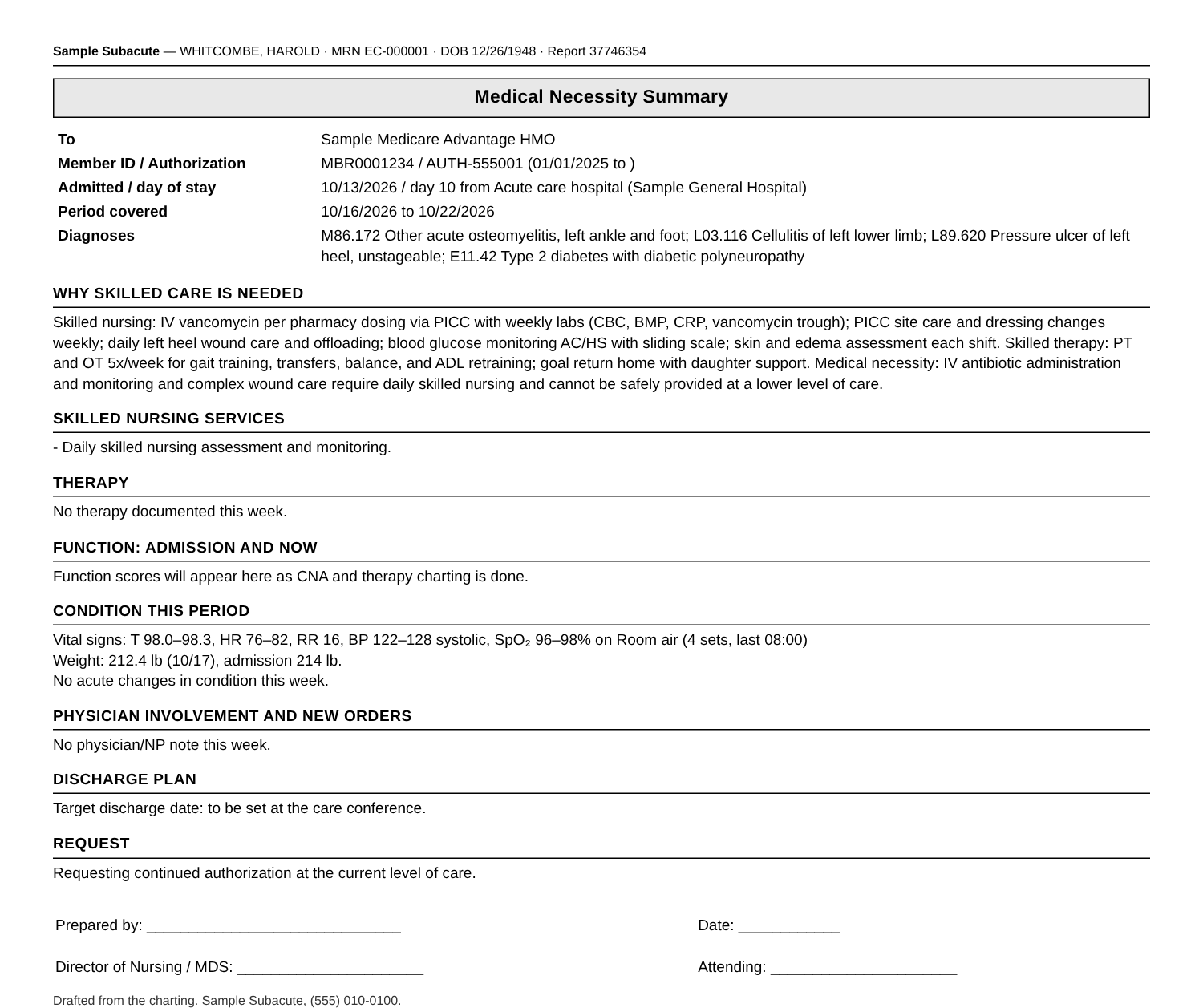 Medical necessity summary in Emanage Care, with made-up residents.